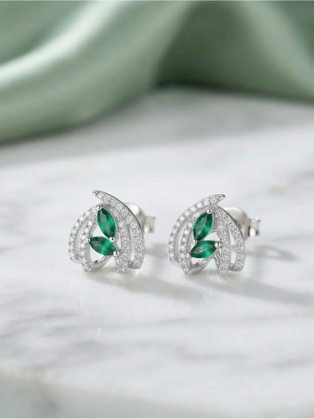 Silver-Tone Rhinestone Scallop Stud Earrings